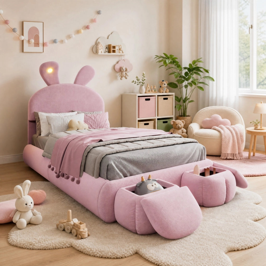 Letto singolo per bambini 90x200 cm con orecchie da coniglio LED e 2 pouf rosa