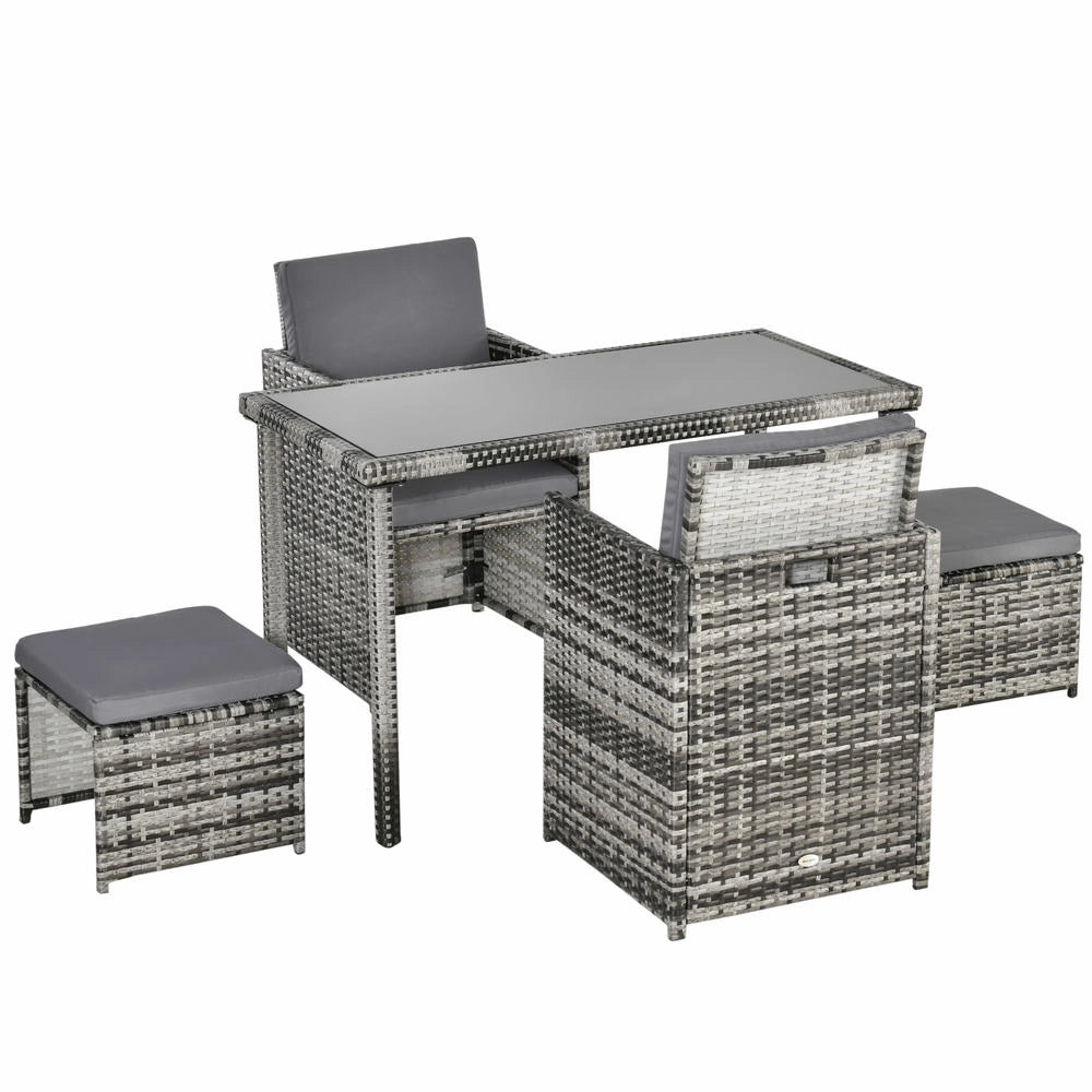 Set da Pranzo da Giardino in Polyrattan Grigio per 4 Persone con Cuscini, Salotto da Esterno Resistente e Durevole per Terrazza