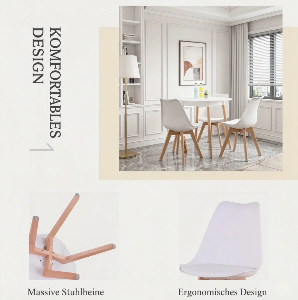 Set tavolo rotondo e 4 sedie bianco e legno