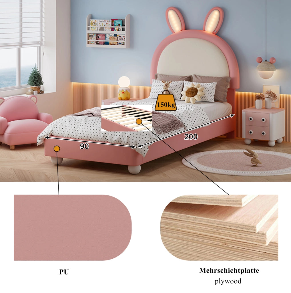 Letto singolo imbottito per bambini 90x200 cm con LED e testiera a coniglio; rosa