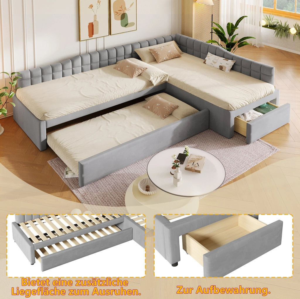 Letto angolare imbottito grigio con estraibile e cassetti 90x200 cm
