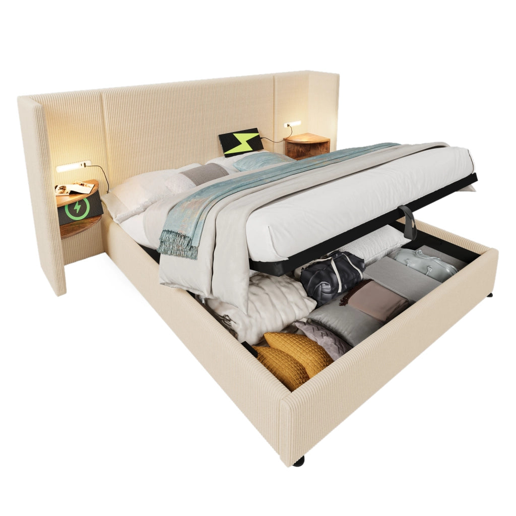 Letto Contenitore 160 x 200 cm - USB, Tipo C e Lampada - in Velluto a Coste Beige