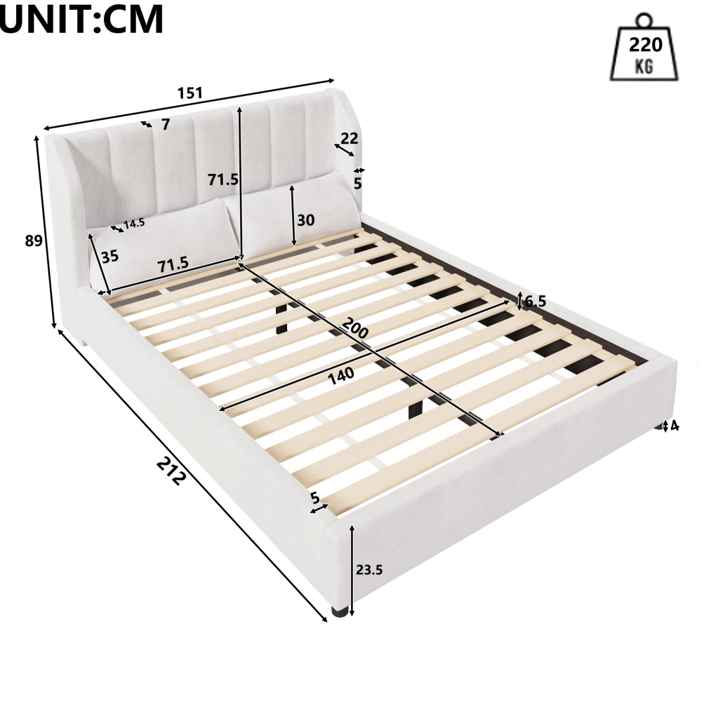 Letto imbottito 140x200 cm beige con rete a doghe e 2 cuscini