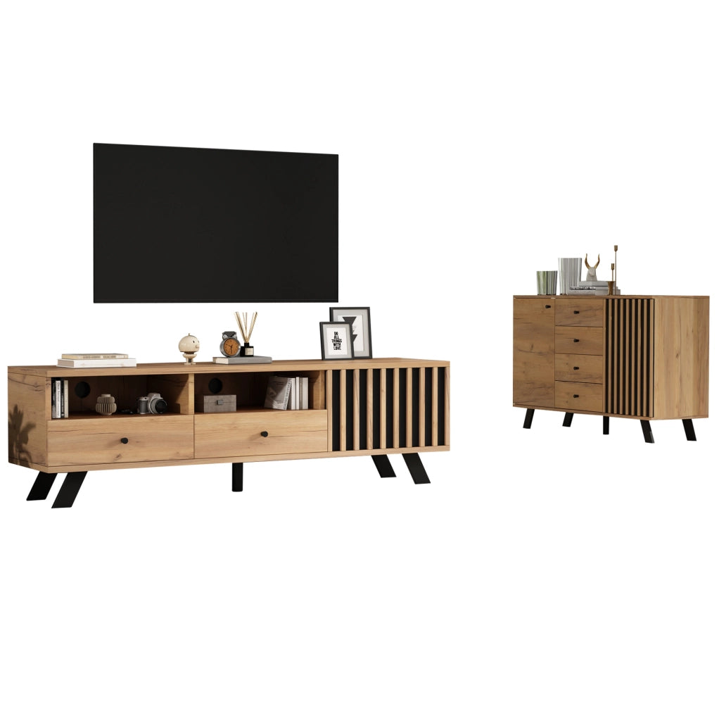 Set mobile TV 150 cm e credenza 120 cm con cassetti; naturale e nero