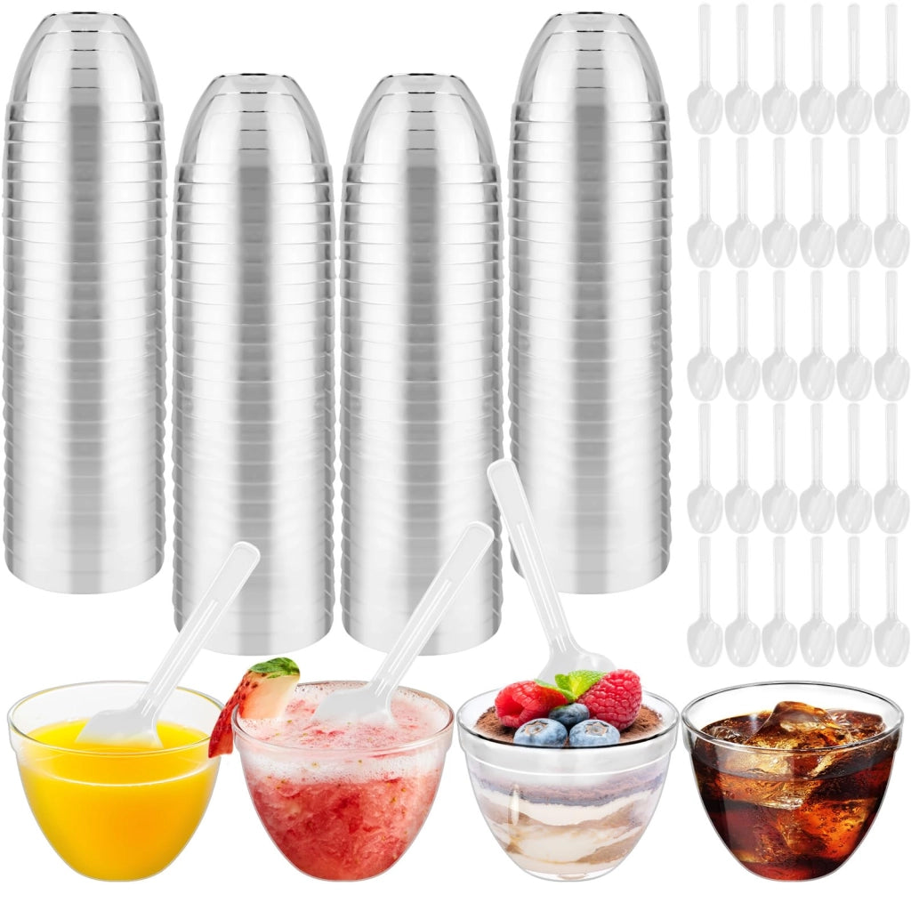 100 bicchieri per dessert con cucchiaini, capacità 60 ml, trasparenti, riutilizzabili