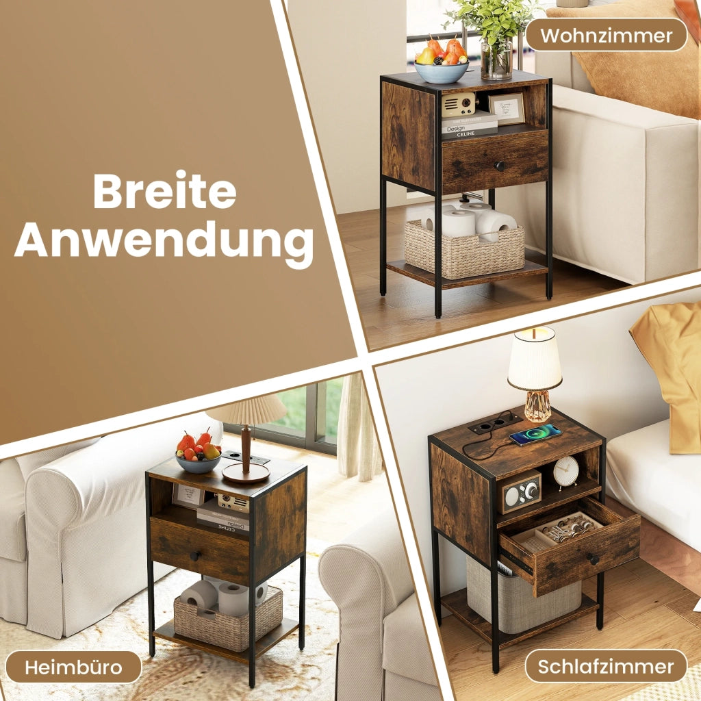 Nightstand with charging station, industrial side table with open compartment, drawer & shelf, rustic brown