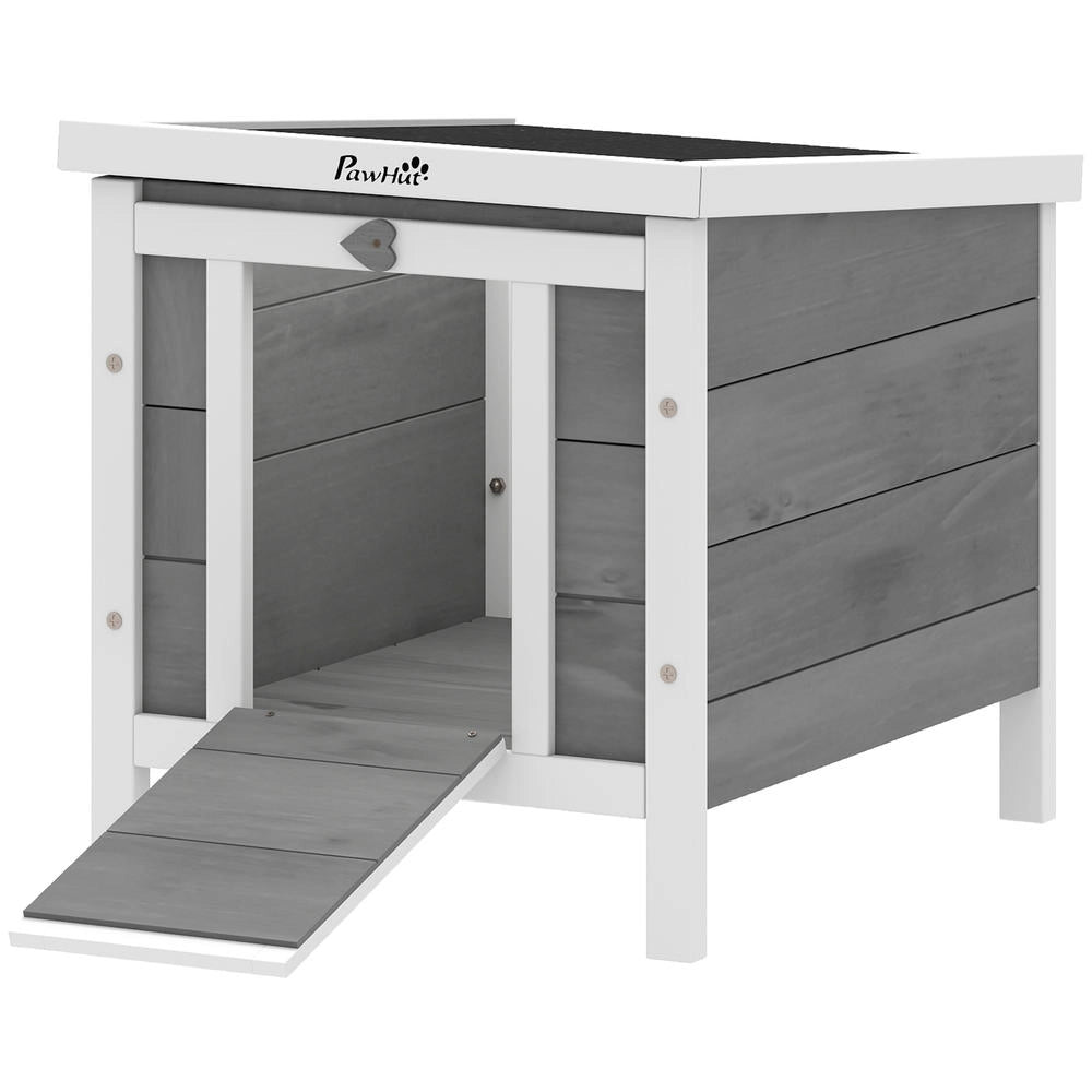 Casetta per piccoli animali in legno di abete grigio con rampa conigliera da giardino rialzata e resistente