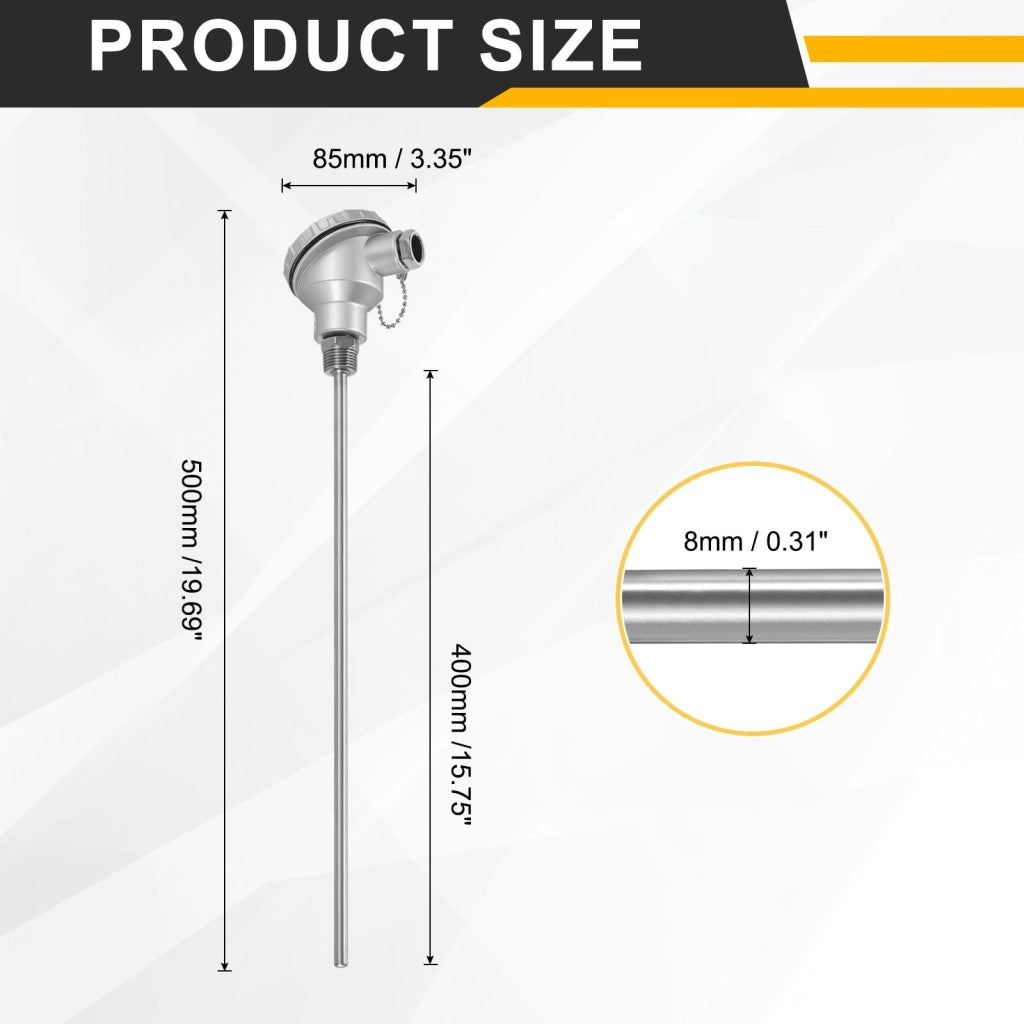 Sensore di temperatura PT100, con filettatura 1/2" NPT, dimensioni 8x400 mm, intervallo di temperatura da -50 a 420 °C