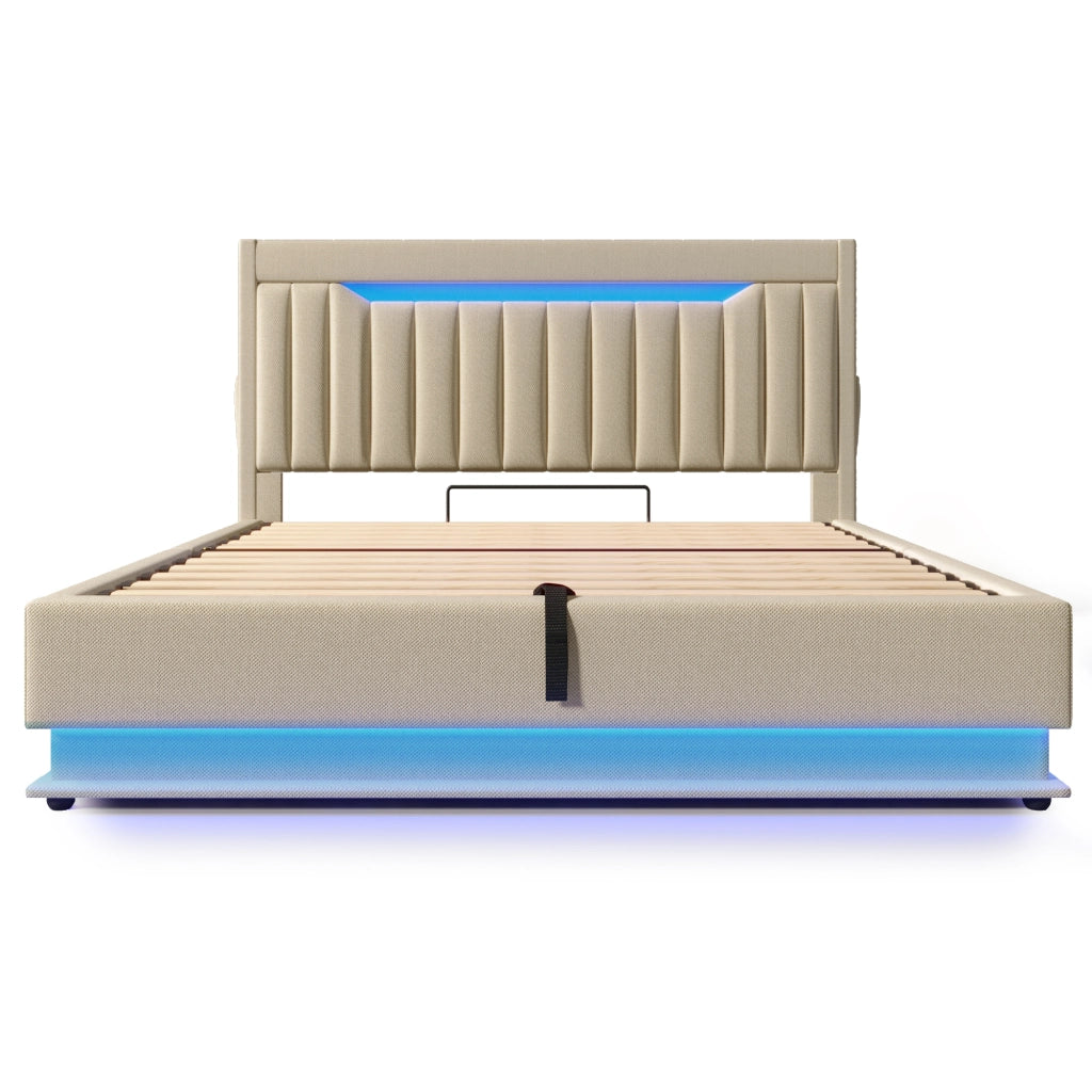 Letto matrimoniale 160x200 cm beige con contenitore e luci LED