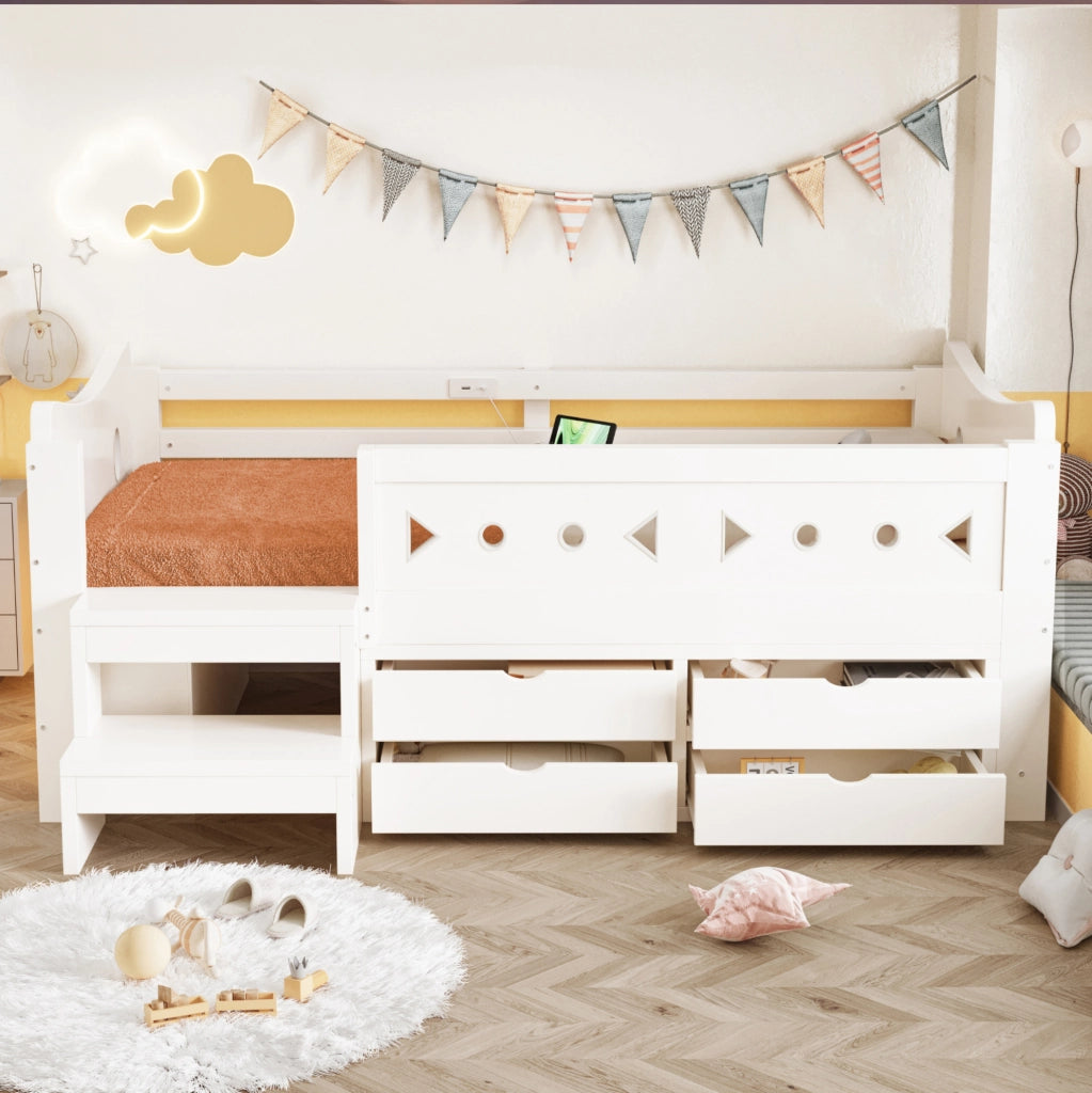 Letto per bambini 90x200 cm bianco con cassetti, LED e USB