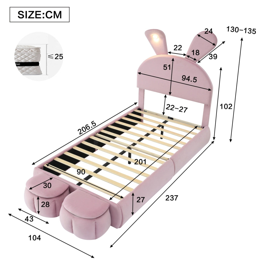 Letto singolo per bambini 90x200 cm con orecchie da coniglio LED e 2 pouf rosa