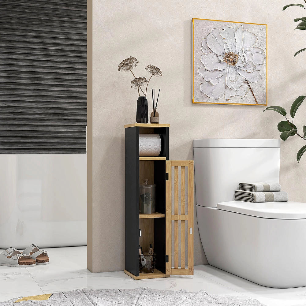 Mobile Bagno da Terra con Portarotolo in MDF e Bambù 2 Ripiani Salvaspazio Mobiletto WC Compatto e Pratico
