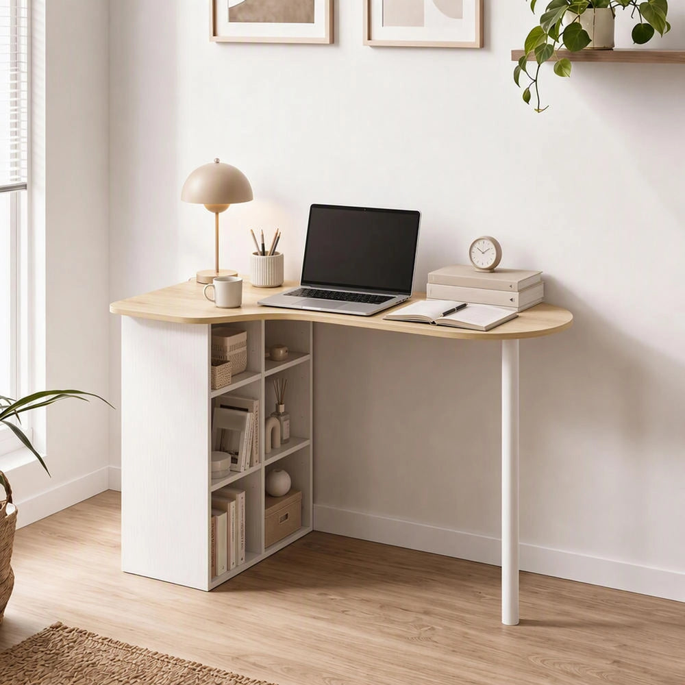 Scrivania per Computer Moderna 100 x 59 cm Sagomata in Legno Rovere con 6 Ripiani Regolabili Tavolo Salvaspazio per Casa e Ufficio