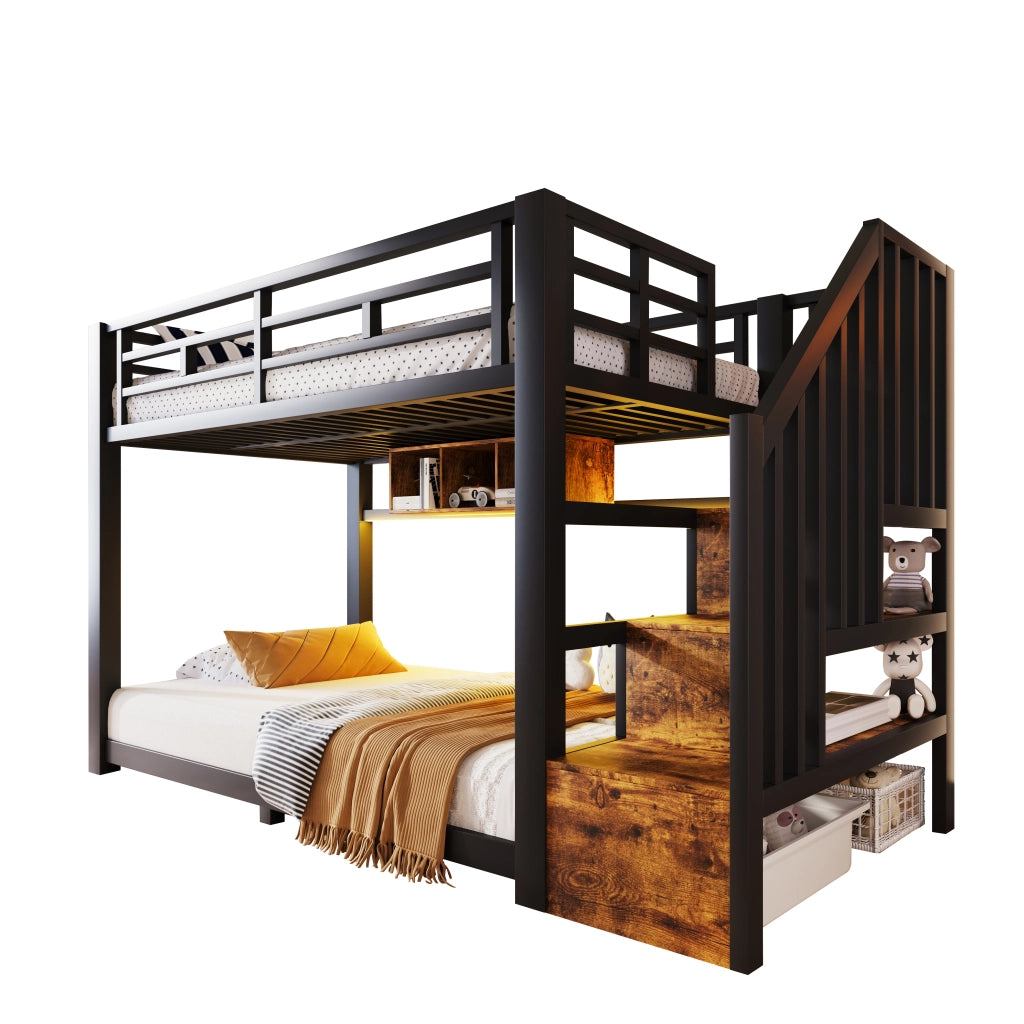 Letto a castello 90x200 cm con scala contenitore e luci LED