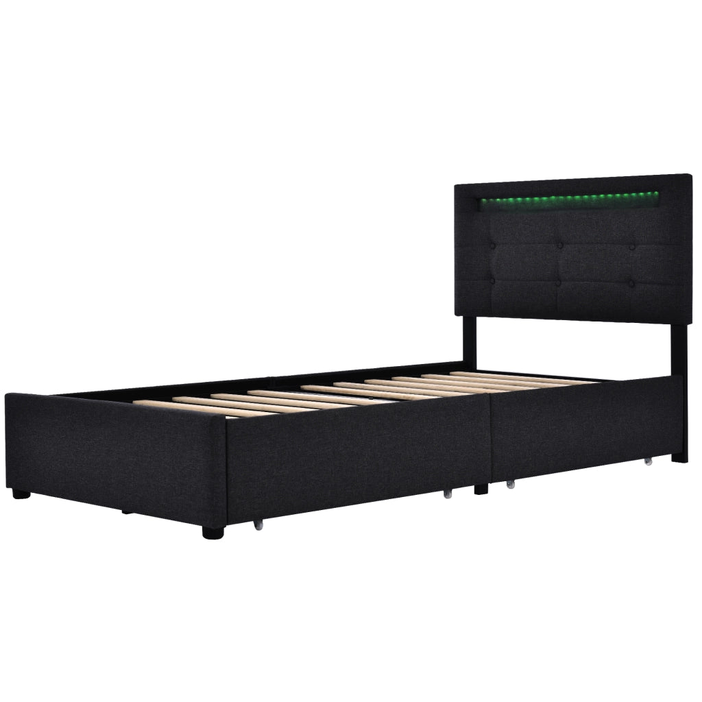 Letto singolo 90x200 cm nero con illuminazione LED e due cassetti