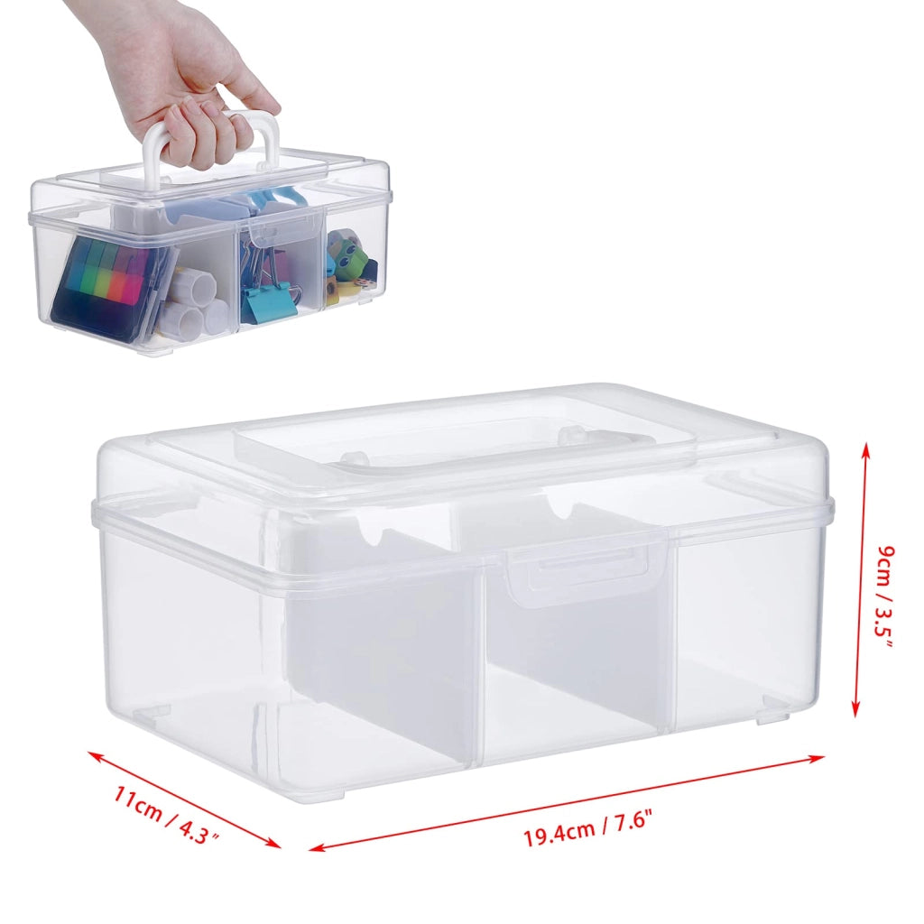 Contenitore impilabile, con 3 scomparti, trasparente, dimensioni 19,4 x 11 x 9 cm