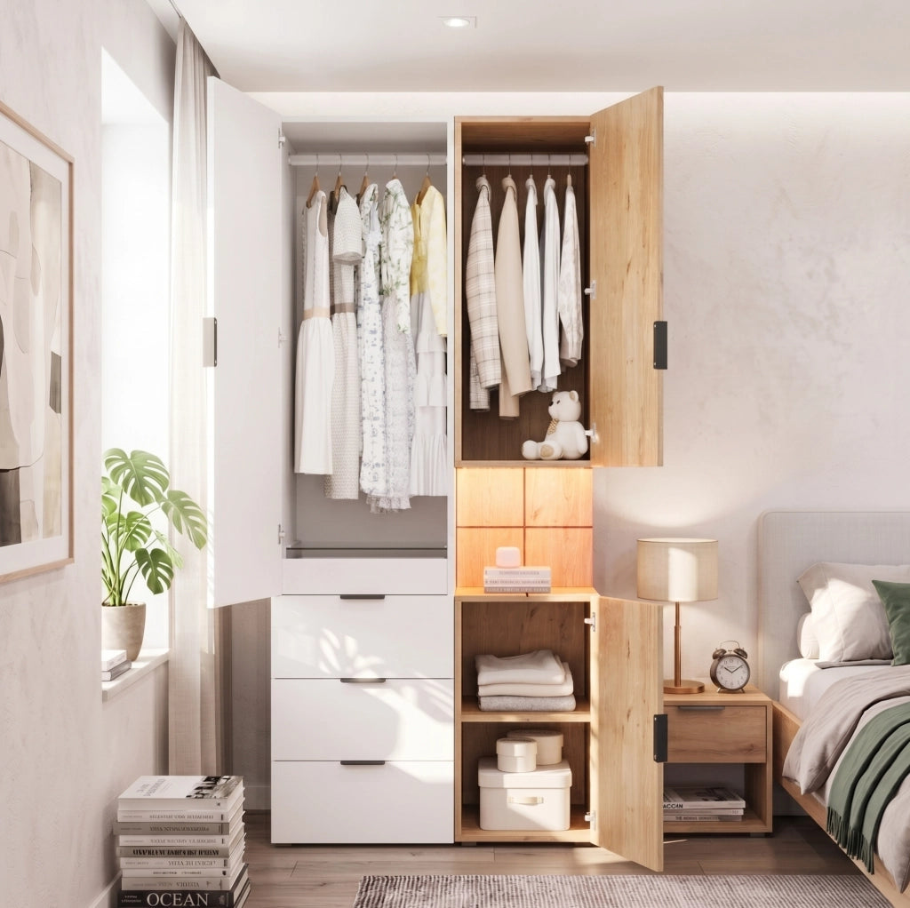 Armadio 90x49x200 cm bianco e rovere in MDF; 4 cassetti e luce LED
