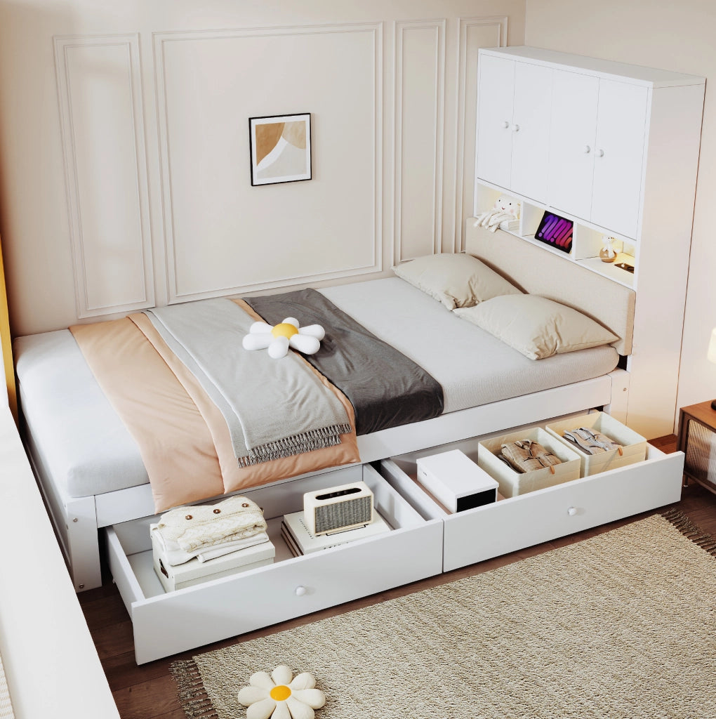 Letto singolo 90x200 cm bianco con LED, prese e 2 cassetti