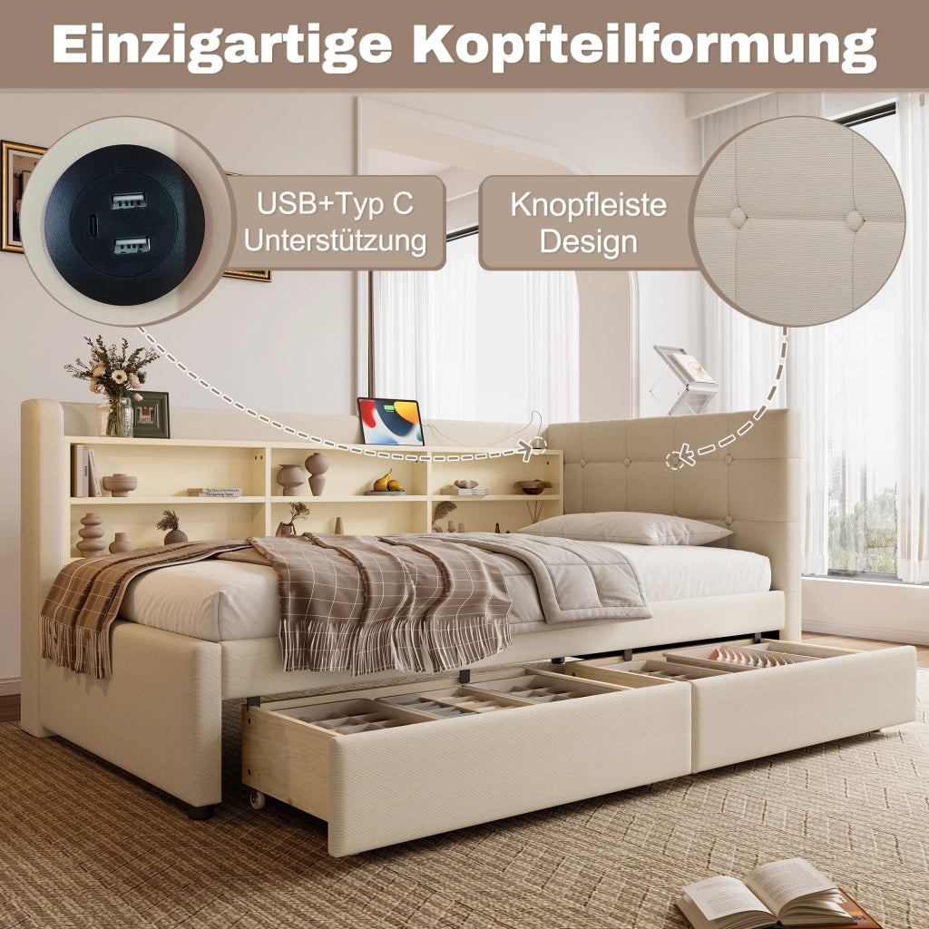 Letto con cassetti 90 × 200 cm con testiera a bottoni; prese USB e Type-C; ripiani; lino e MDF beige