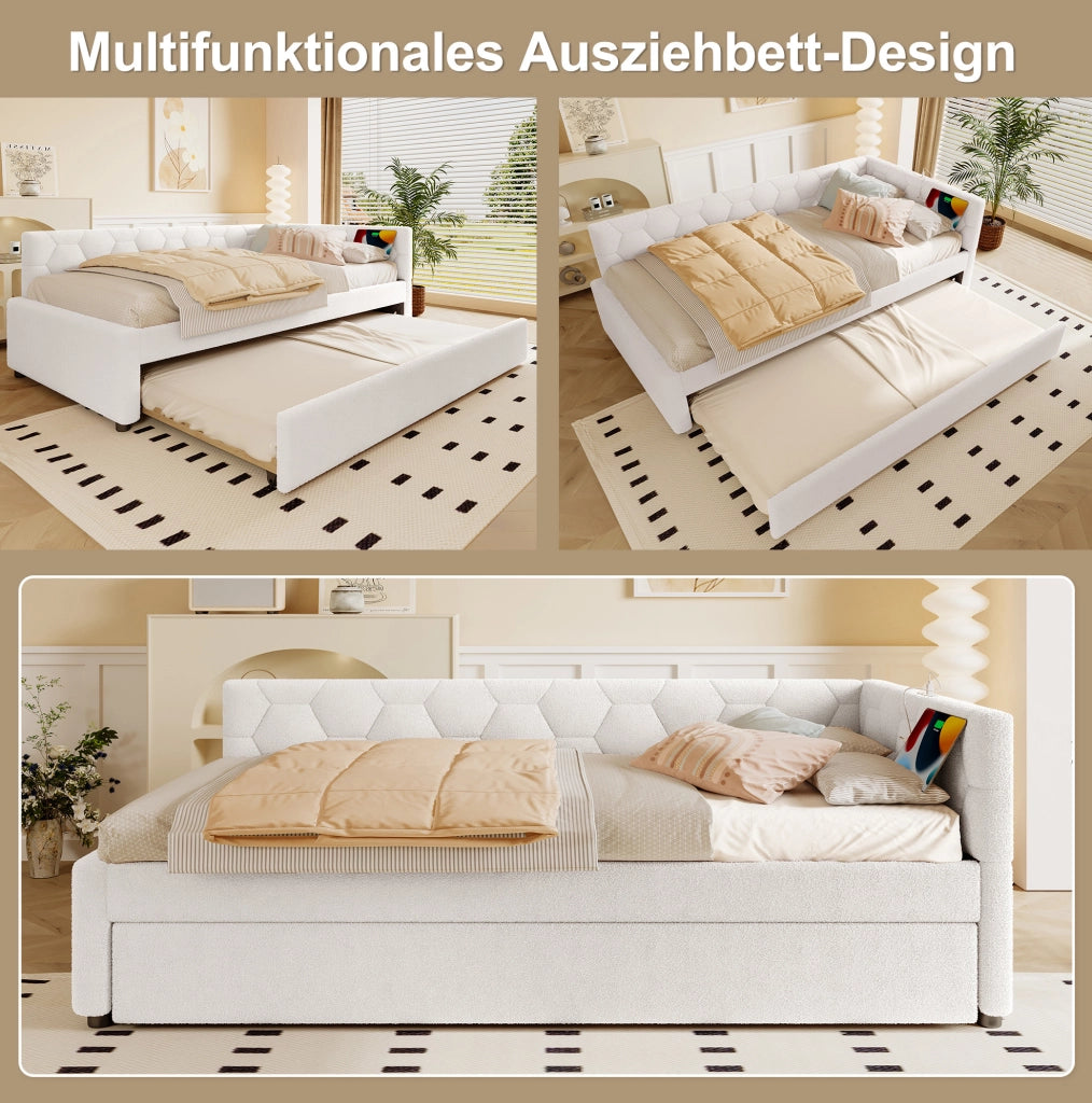 Letto daybed 90x200 cm con letto estraibile, USB, Type-C e lampada, bianco