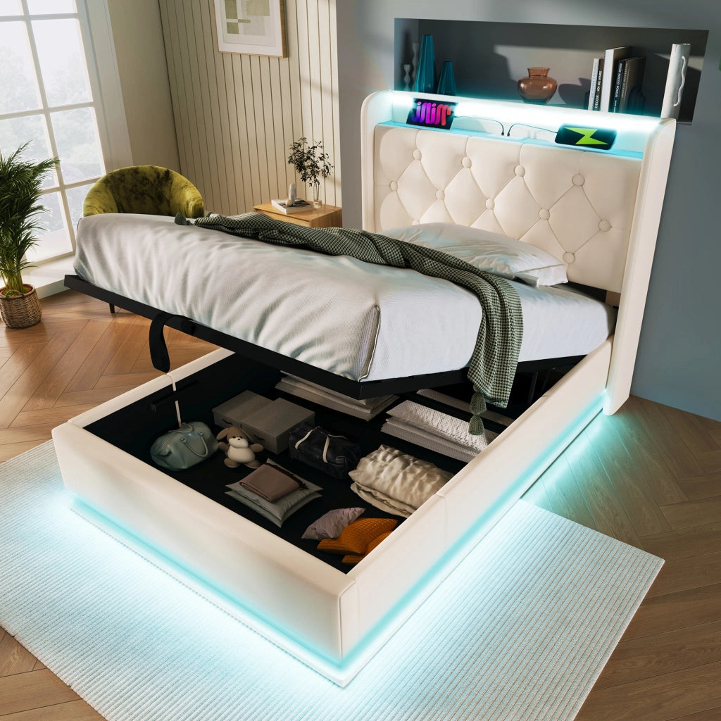 Letto singolo imbottito 90x200 cm con contenitore idraulico