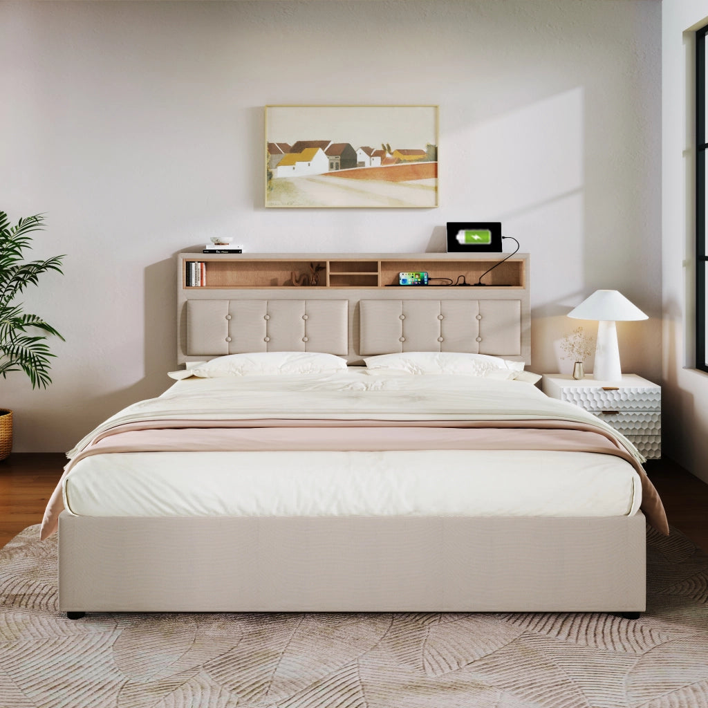 Letto matrimoniale 140x200 imbottito in lino con 4 cassetti