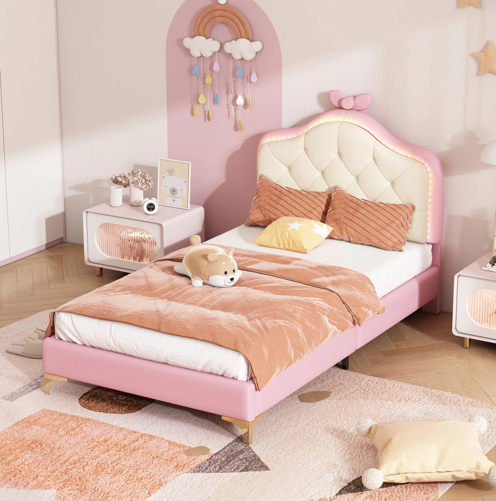 Letto singolo imbottito 90x200 cm con LED multicolore e rete a doghe; rosa e bianco