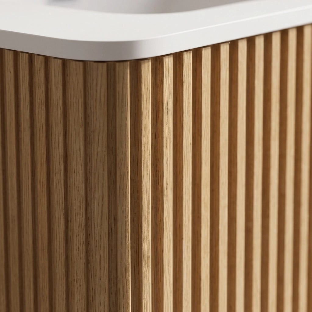 Mobile sottolavabo larghezza 80 cm con lavabo e cassetti push to open in mdf compensato e solid surface rovere