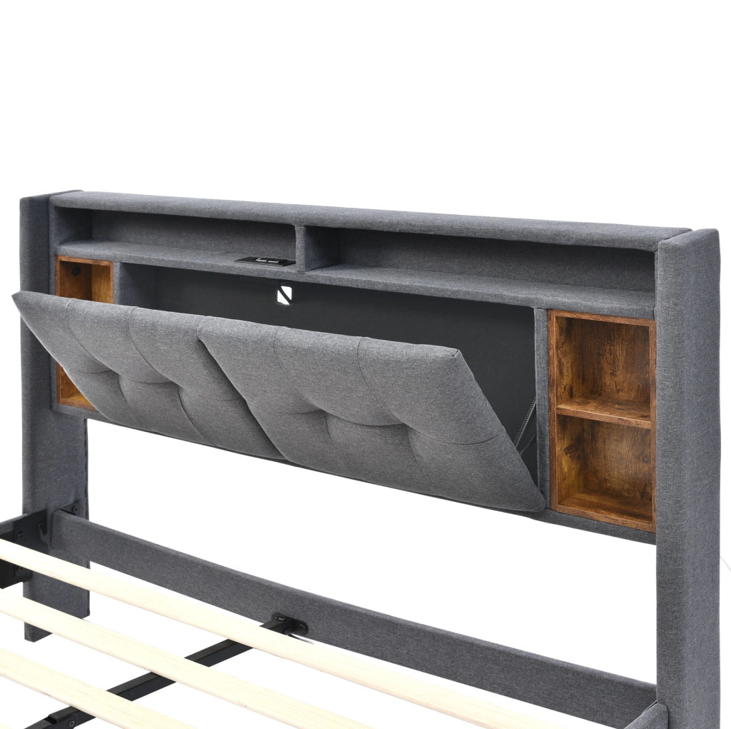 LETTO Imbottito 160x200 cm grigio con testiera contenitore, prese USB e LED