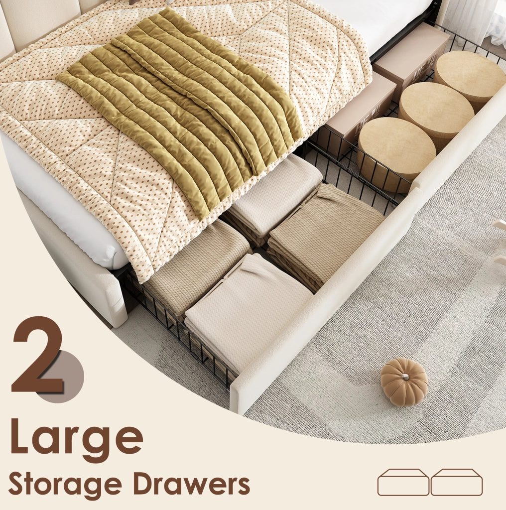 Letto singolo imbottito 90x190 cm in velluto beige con 2 cassetti e testiera