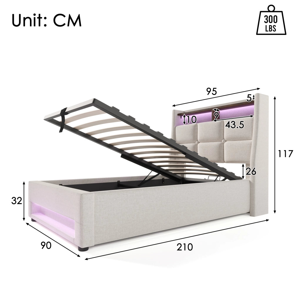 Letto singolo imbottito 90x200 cm con LED e USB
