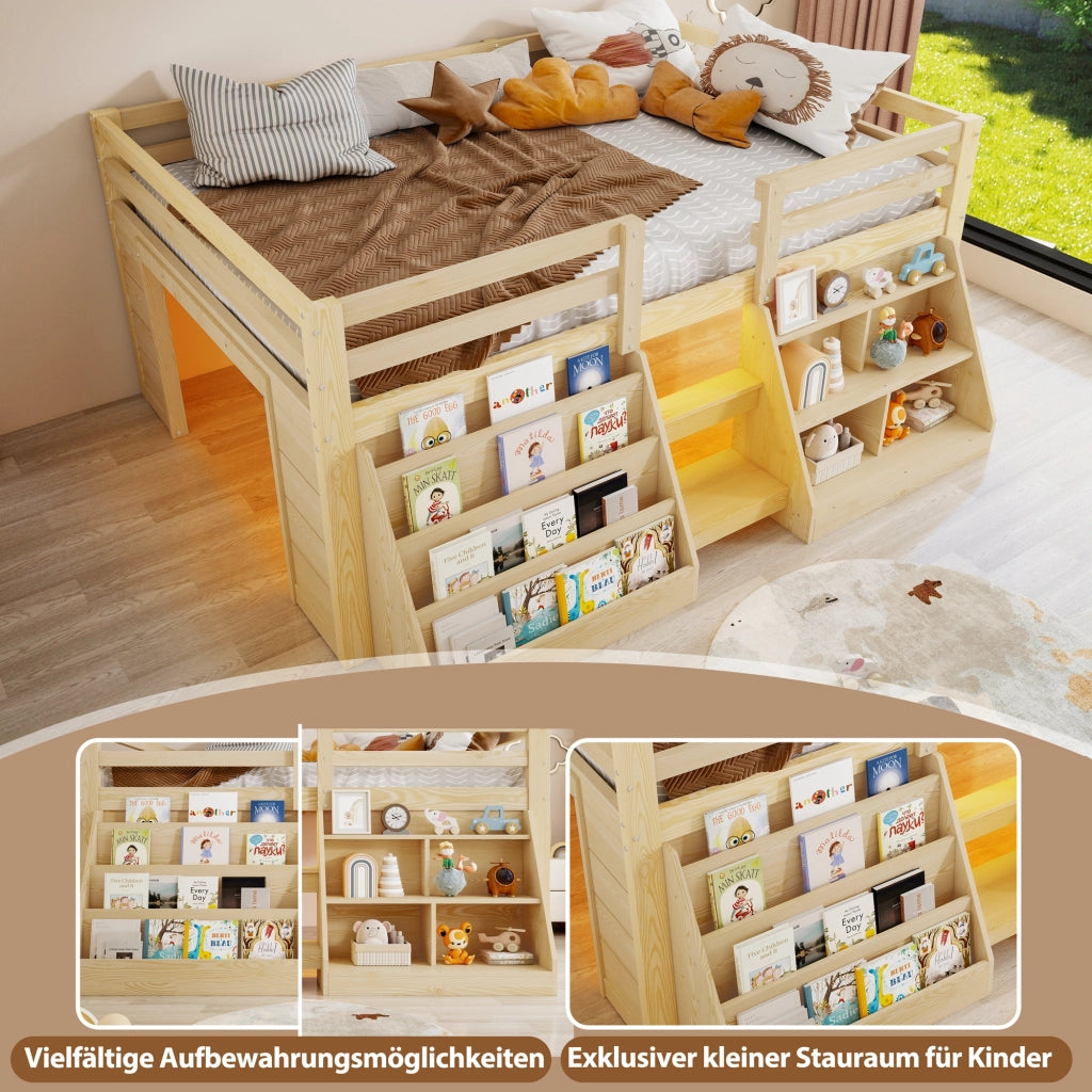 Letto rialzato 140 x 200 cm con contenitori e luci LED