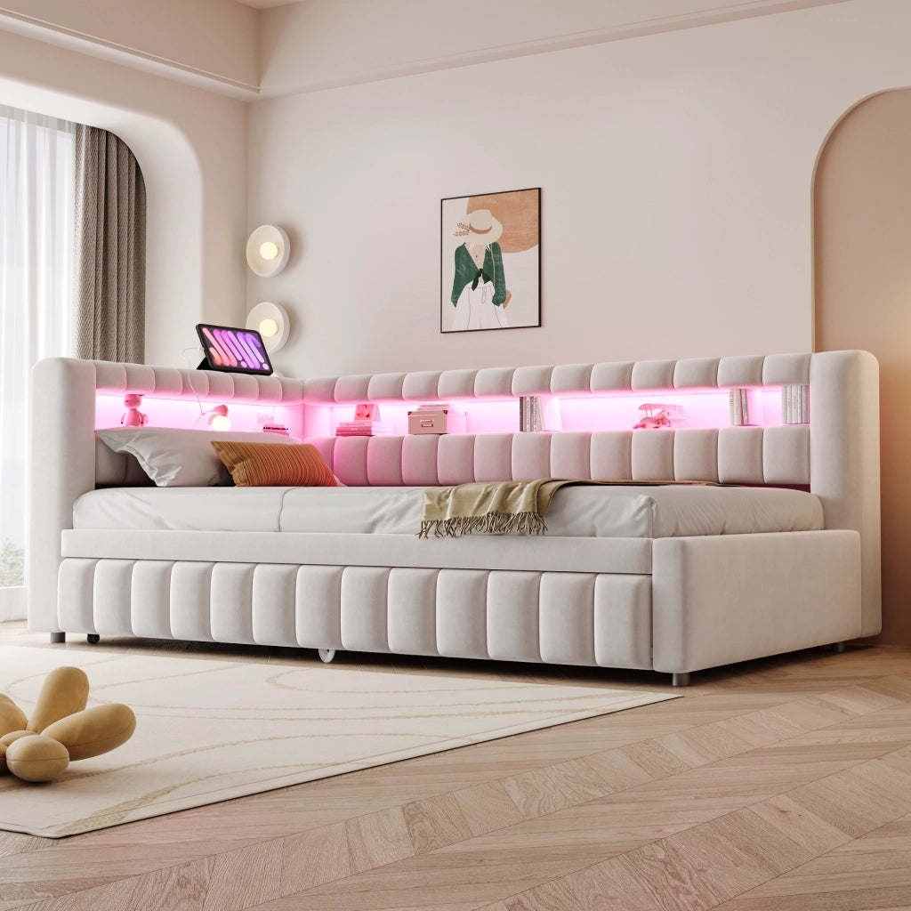 Letto imbottito estraibile con LED USB e Type C in velluto beige con rete a doghe e ripiani