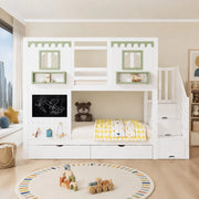 Letto a castello per bambini 90x200 cm con scala contenitore e cassetti; bianco e verde