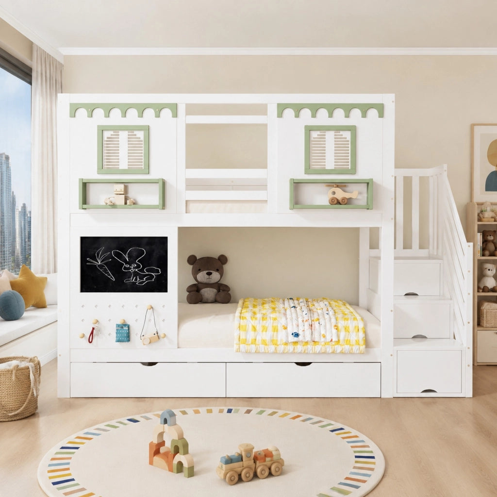 Letto a castello per bambini 90x200 cm con scala contenitore e cassetti; bianco e verde