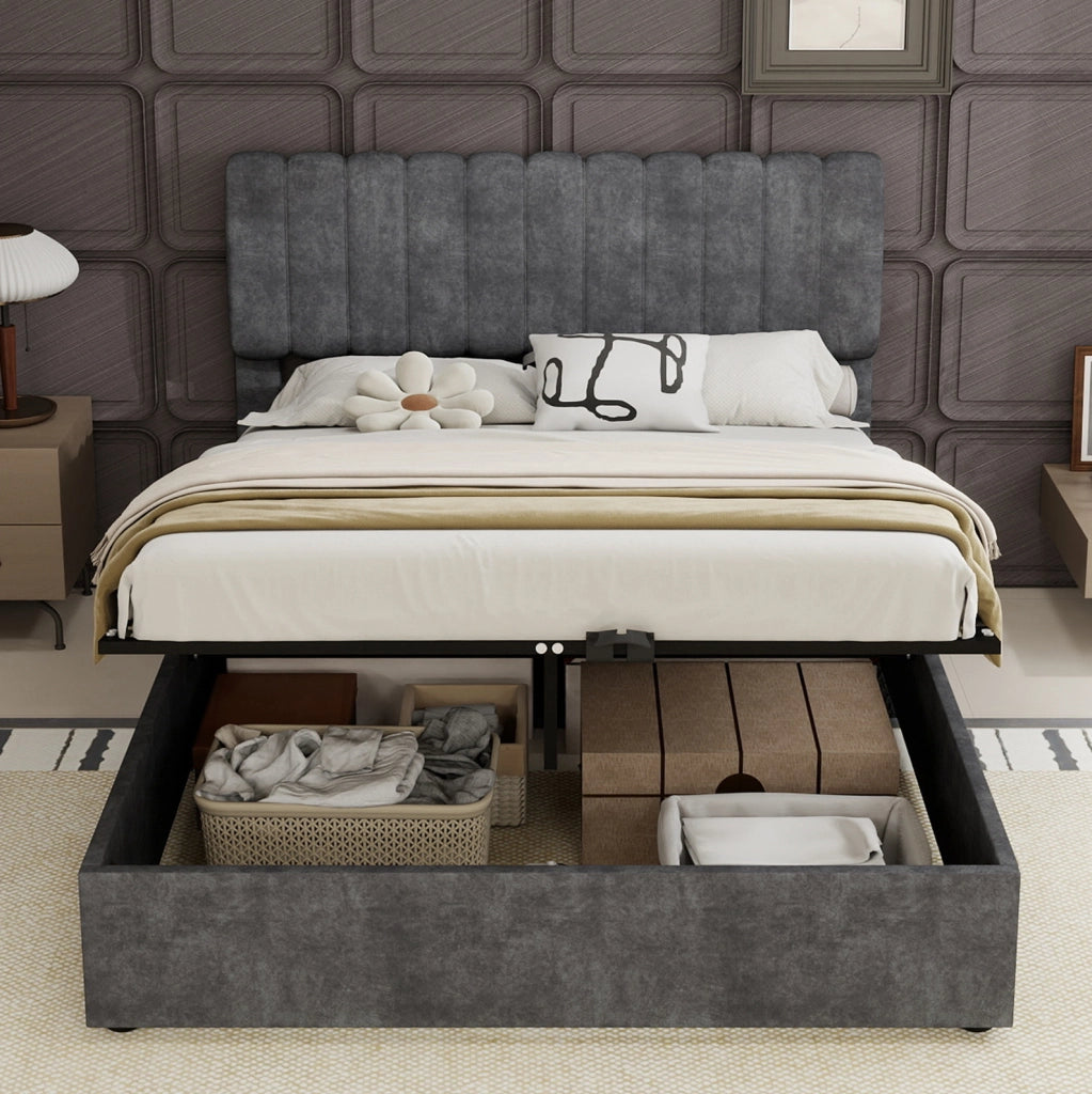 Letto matrimoniale imbottito in tessuto grigio 140x200 cm