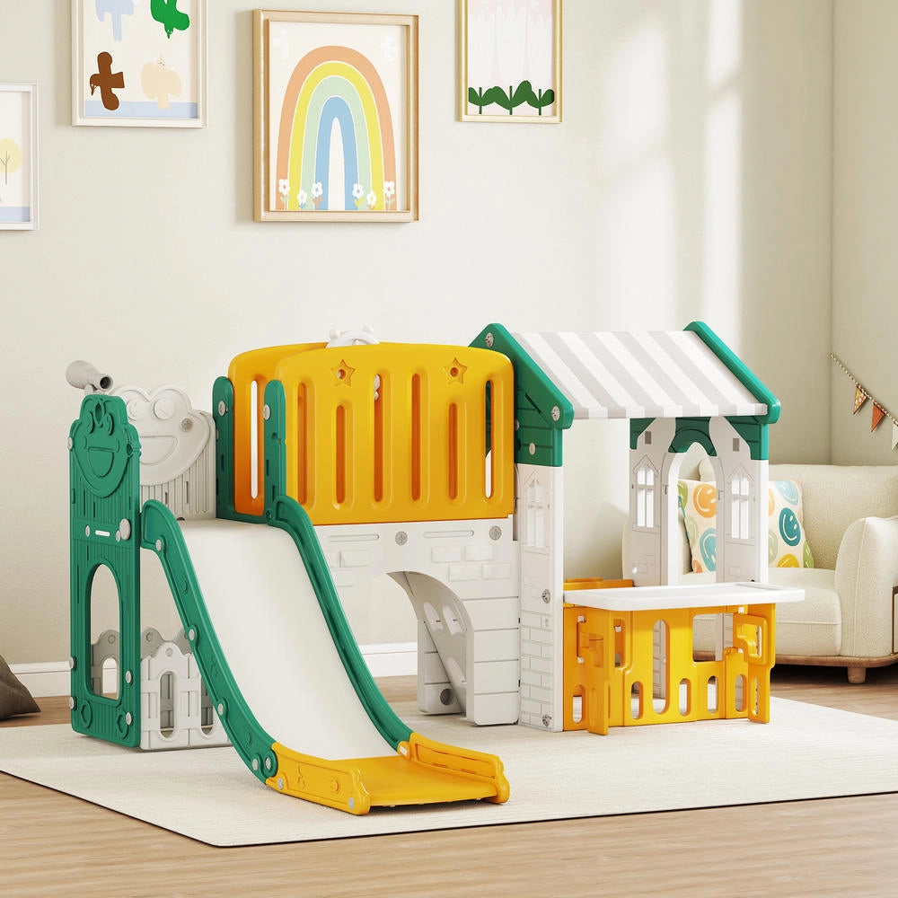 Set 7 in 1 Scivolo per Bambini e Parco Giochi da Interno in Plastica Giallo e Verde con Canestro e Lavagna