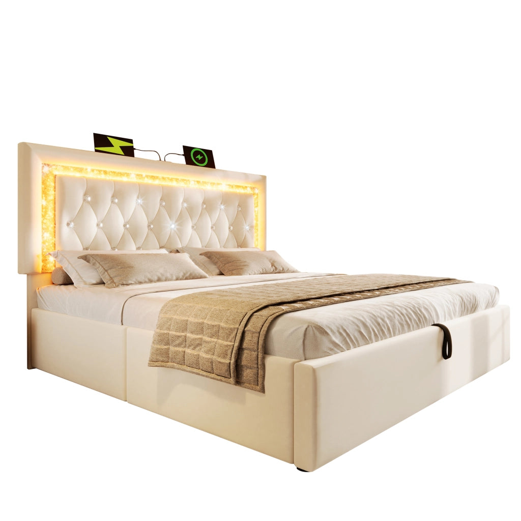 Letto imbottito beige 140x200 cm con testiera LED