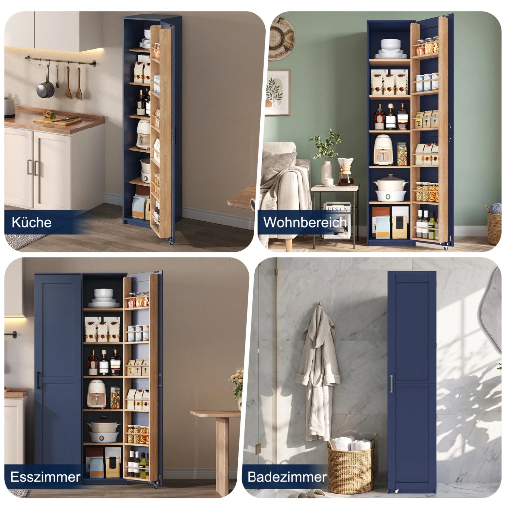 Armadio alto blu in MDF con ripiani regolabili e vani nell’anta, 40 × 40 × 183 cm