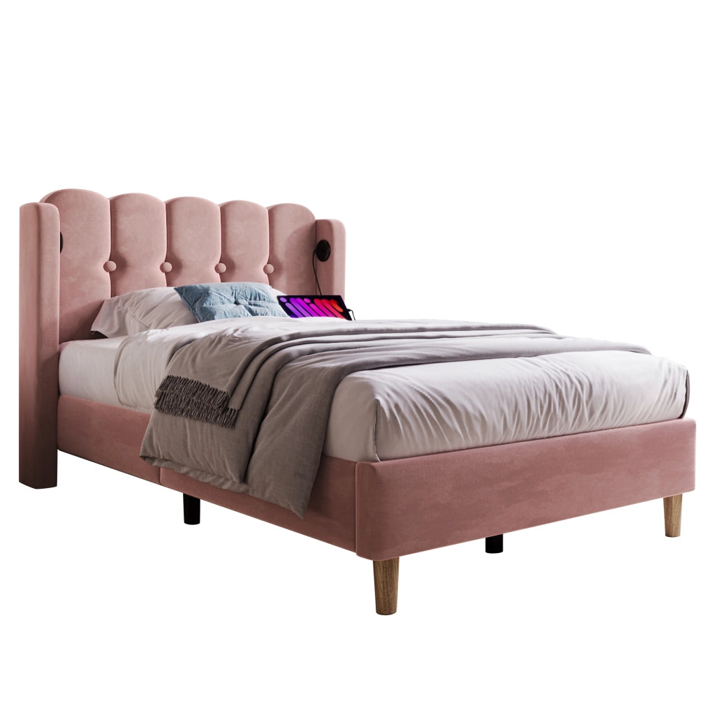 Letto singolo rosa 90x200 cm con rivestimento in velluto