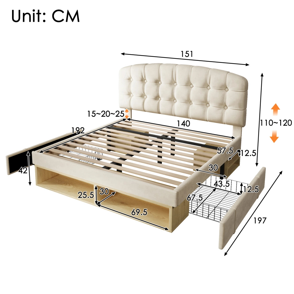Letto imbottito beige 140x190 cm con cassetti