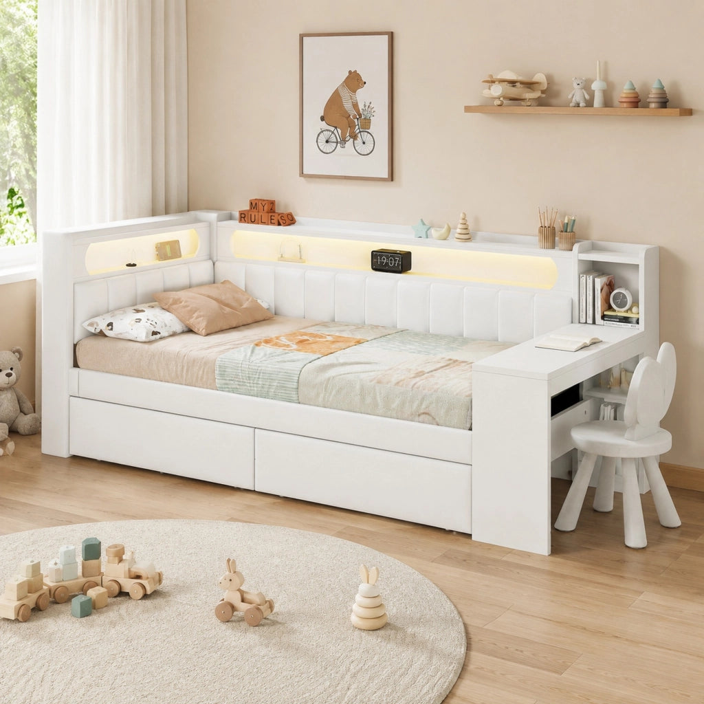 Letto singolo 90x200 cm con scrivania; 2 cassetti; LED e USB in MDF e compensato bianco