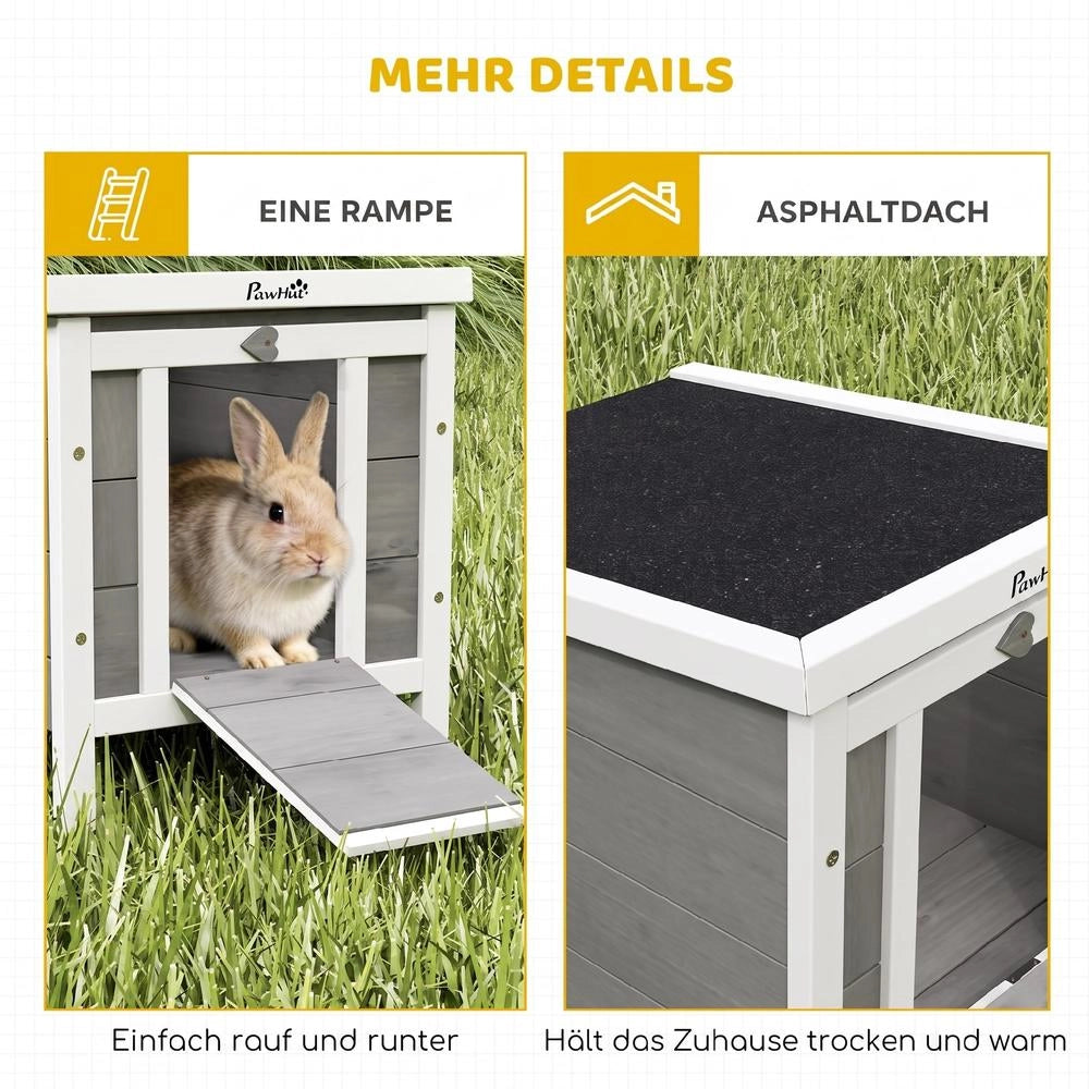 Casetta per piccoli animali in legno di abete grigio con rampa conigliera da giardino rialzata e resistente