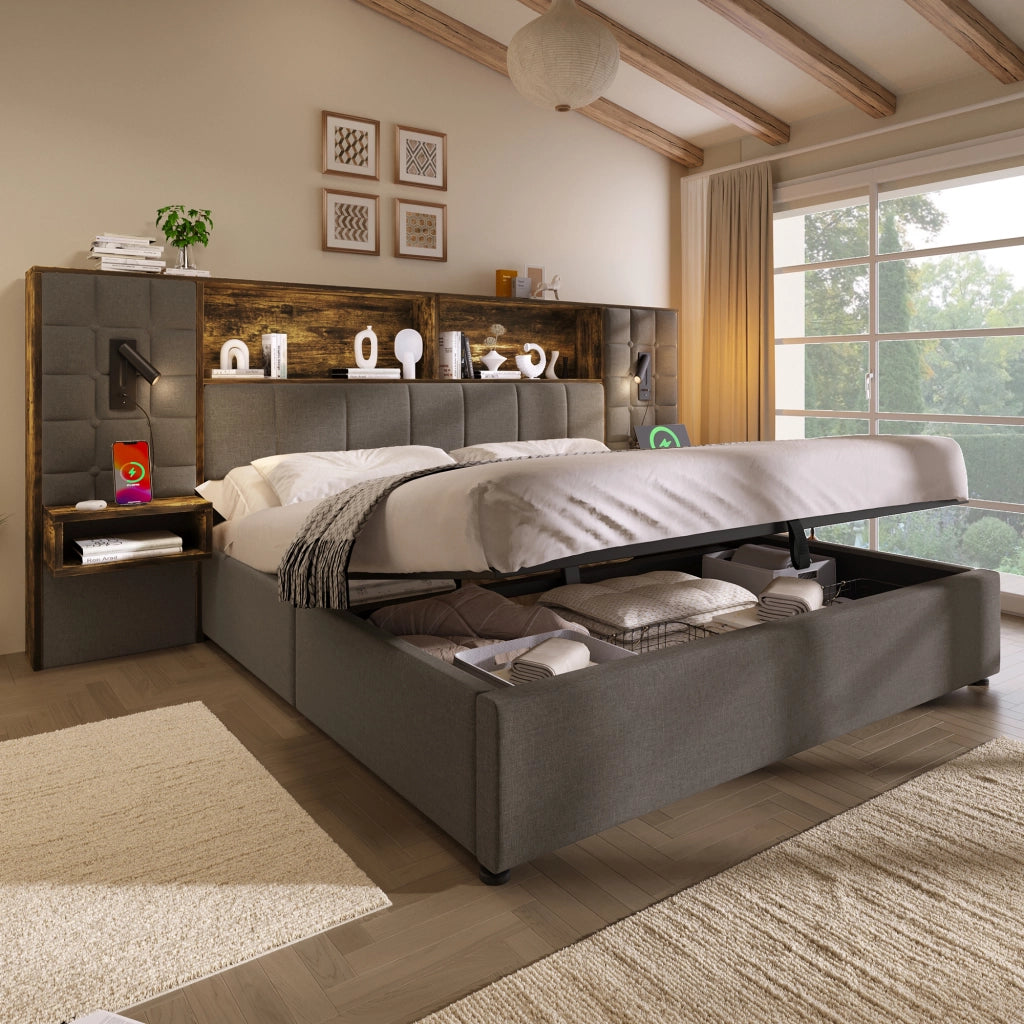 Letto imbottito 160x200 grigio con contenitore