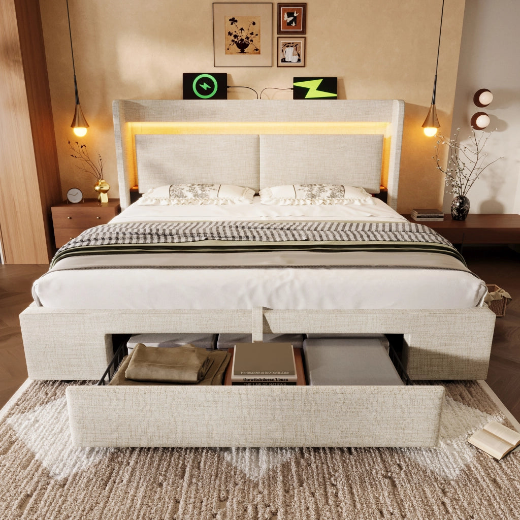 Letto con cassetti 140 ¡Á 200 cm con due comodini mobili LED USB e USB-C in legno bianco