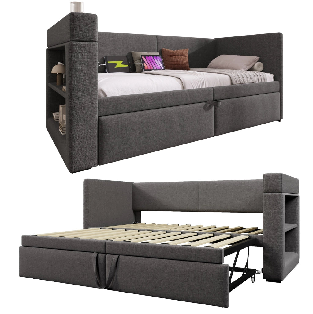 Letto divano estraibile 90x200 cm grigio con USB e portabicchieri