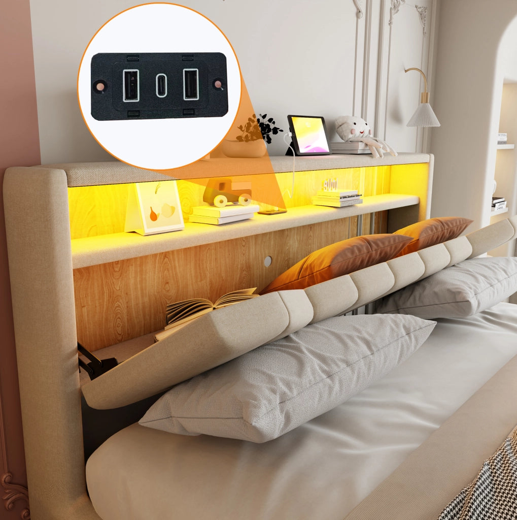 Letto contenitore 140x200 cm beige con LED e prese USB