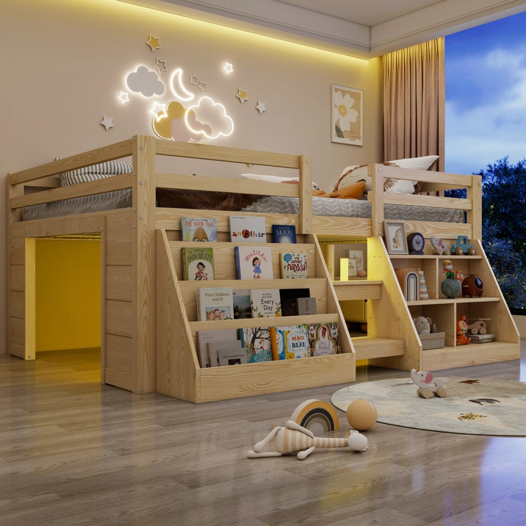 Letto rialzato 140 x 200 cm con contenitori e luci LED