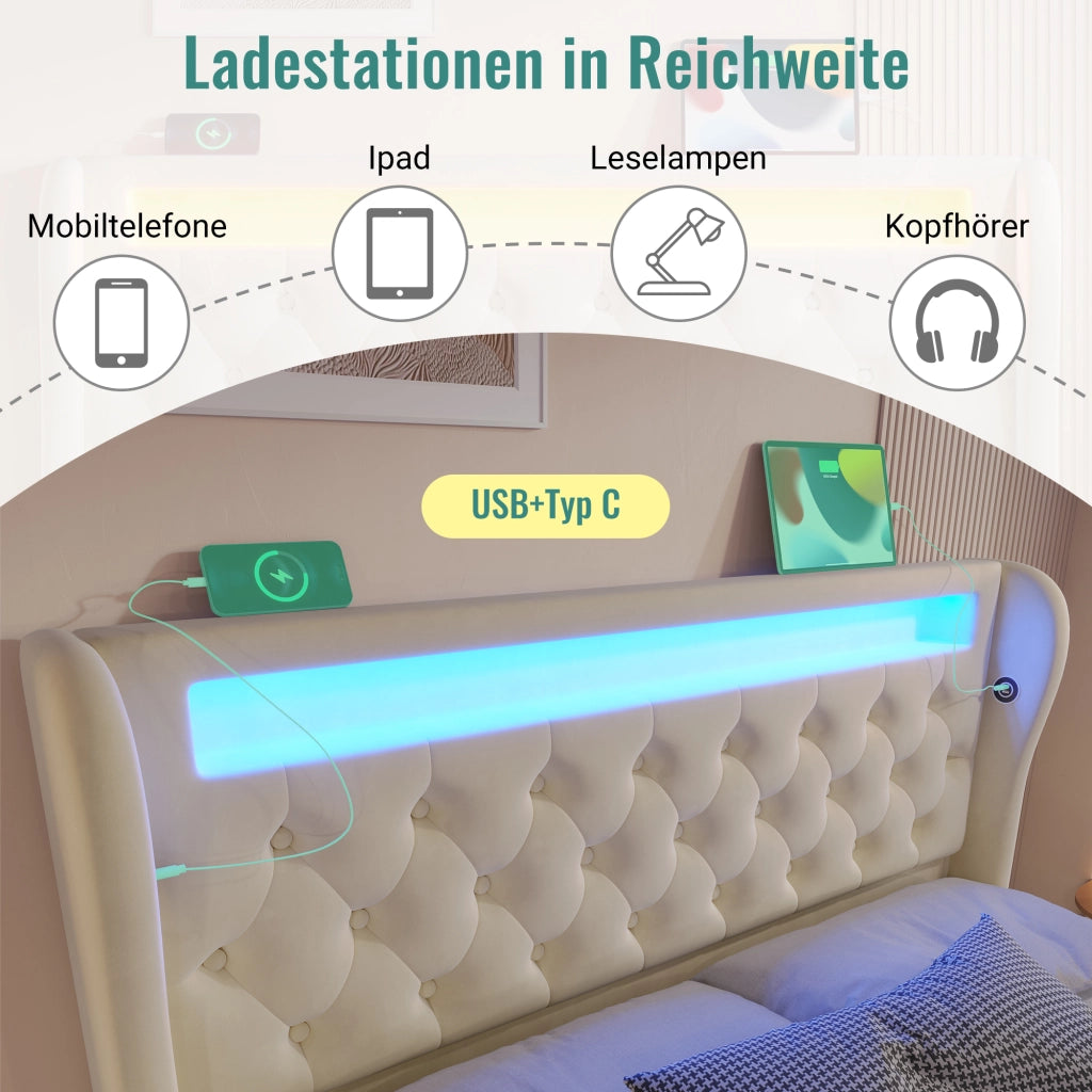 Letto matrimoniale contenitore 140 × 200 cm in velluto beige con LED USB e Type-C