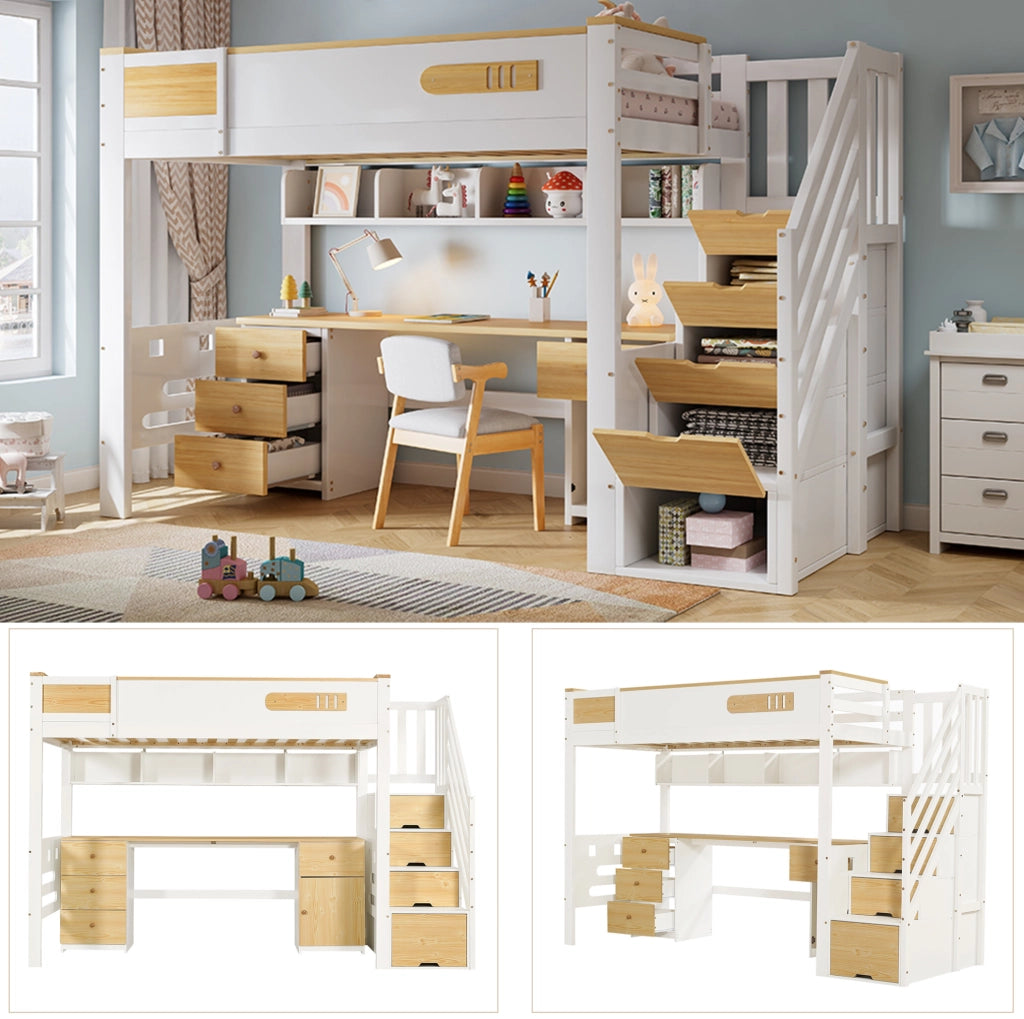 Letto a soppalco 90x200 cm bianco e naturale con scrivania